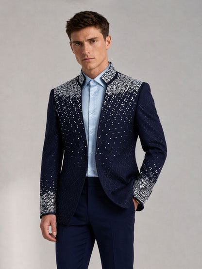 Savile navy blue silver crystal suit – close-up upper body, mixed-cut silver crystals on collar, shoulder and cuff detail