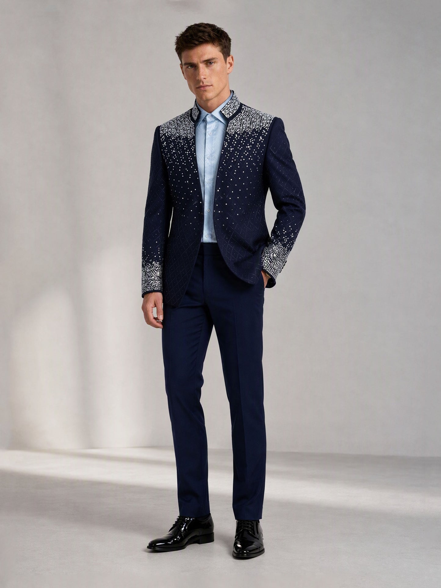Savile navy blue silver crystal suit – full-length front view, standing straight showing full gradient effect