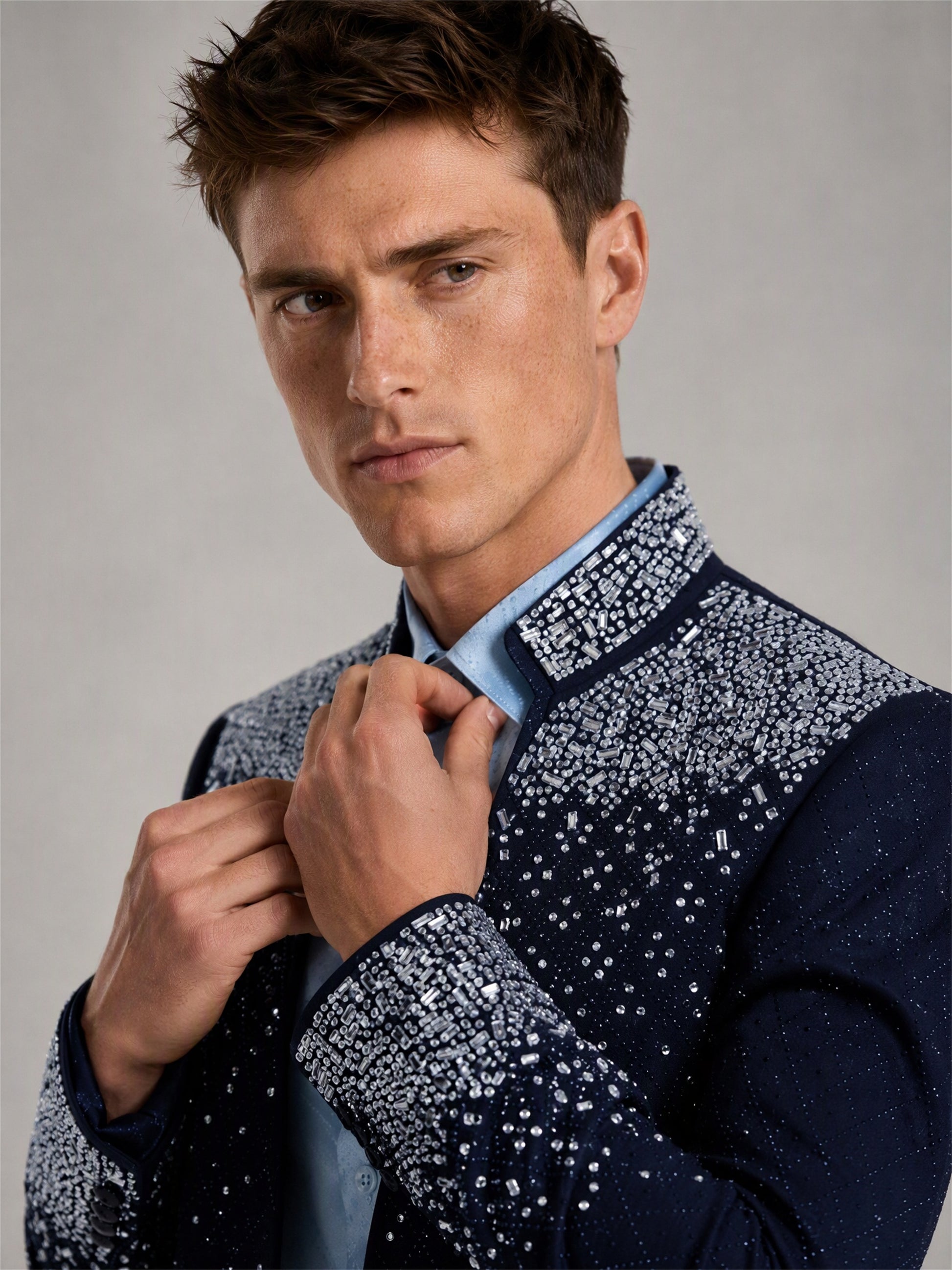 Savile navy blue silver crystal suit – close-up face and collar, baguette and round brilliant crystal detail on lapel