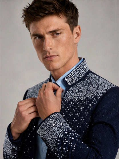 Savile navy blue silver crystal suit – close-up face and collar, baguette and round brilliant crystal detail on lapel