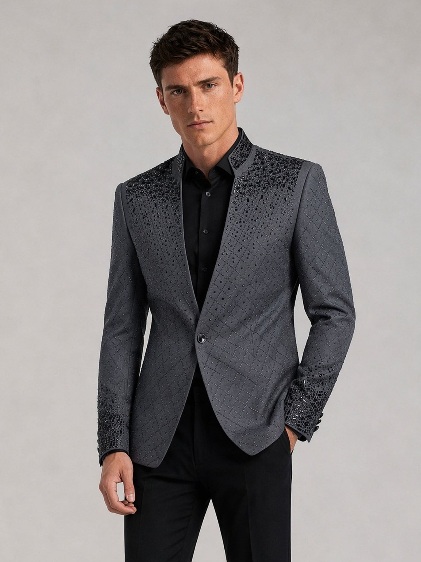 Savile charcoal plaid jacquard black crystal suit – full-length front view, open collar showing shoulder crystal cascade