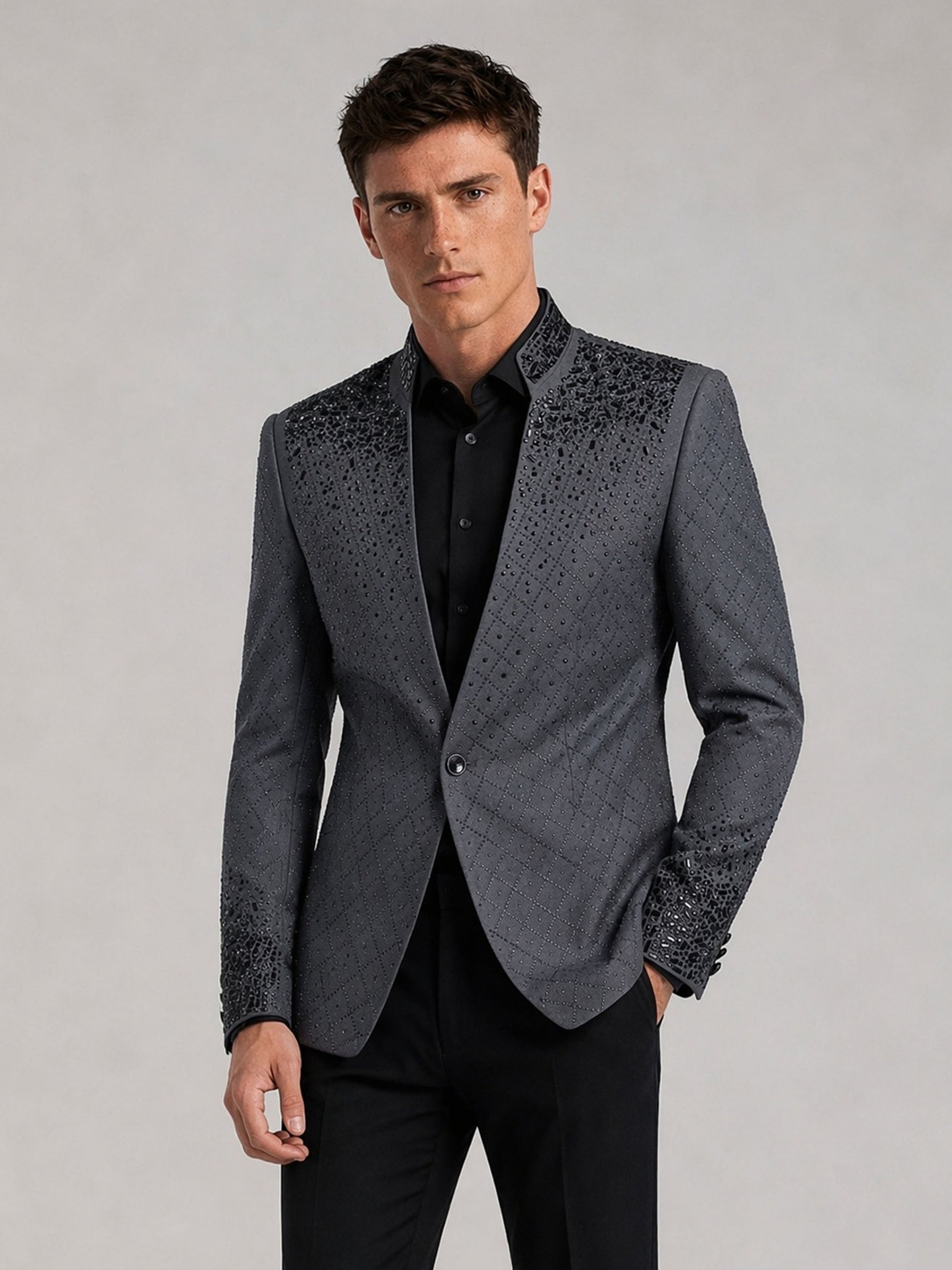 Savile charcoal plaid jacquard black crystal suit – full-length front view, open collar showing shoulder crystal cascade