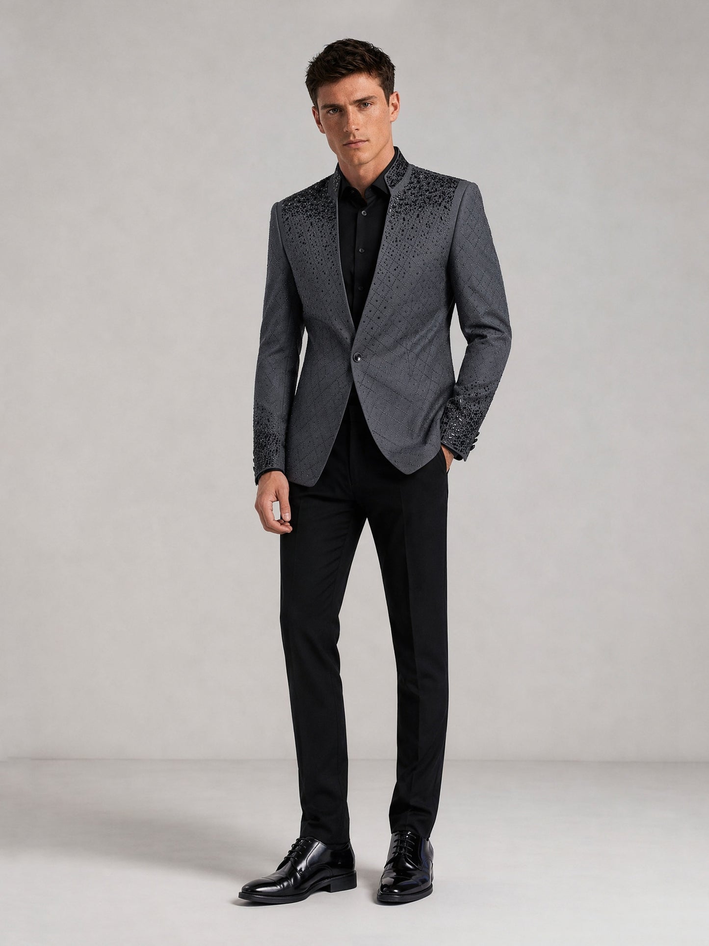 Savile charcoal plaid jacquard black crystal suit – full-length front view, standing straight showing full gradient effect