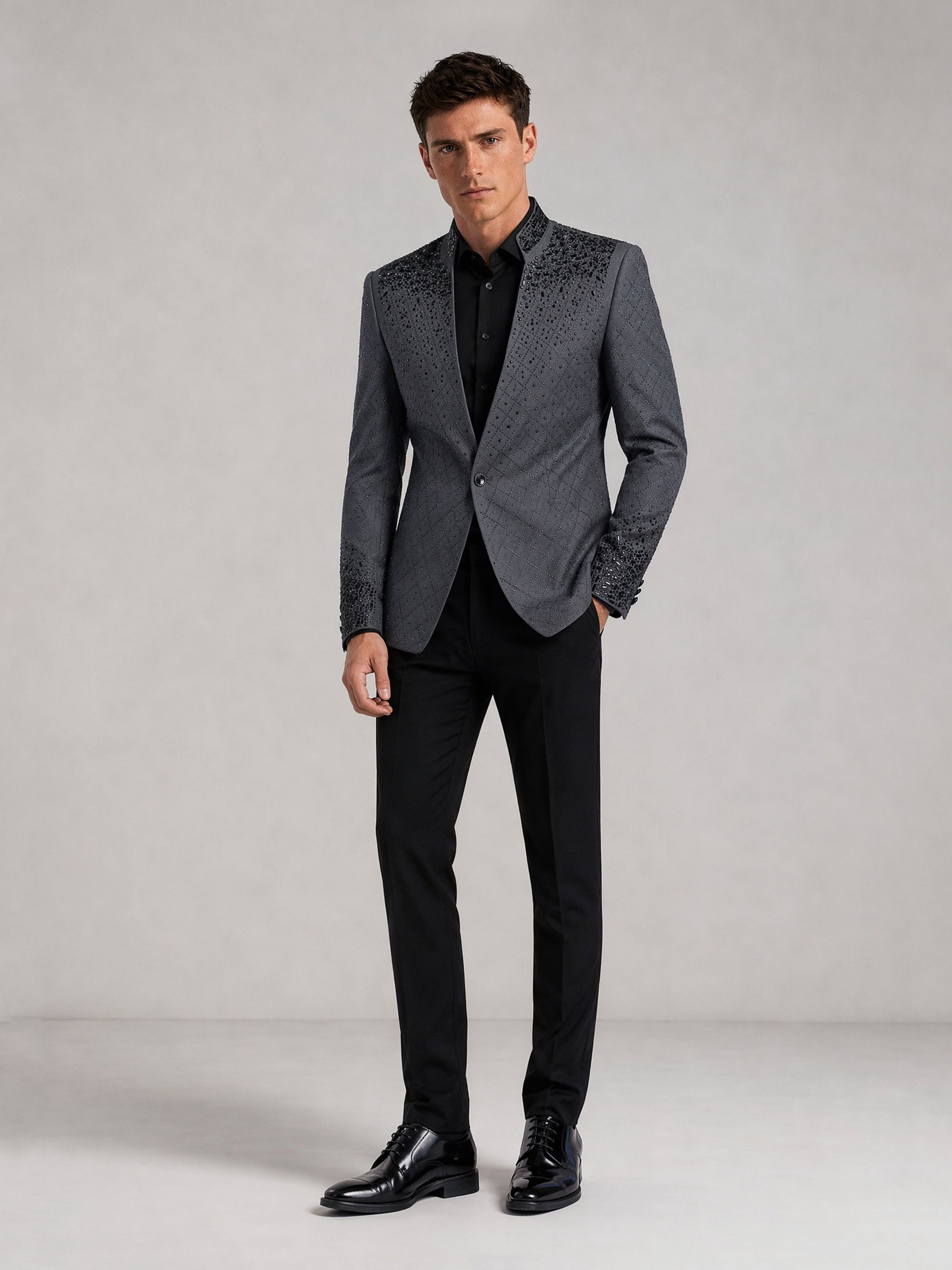 Savile charcoal plaid jacquard black crystal suit – full-length front view, standing straight showing full gradient effect