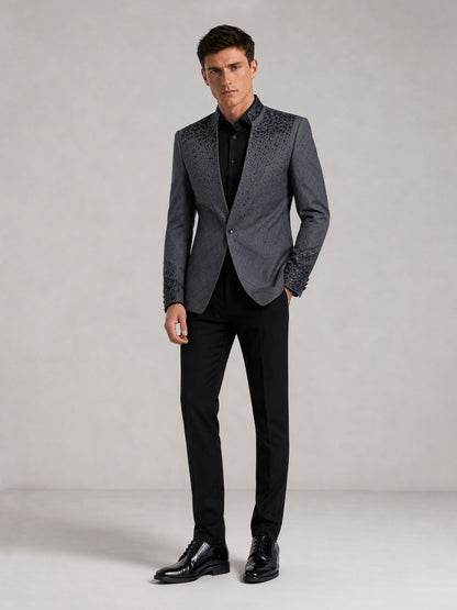 Savile charcoal plaid jacquard black crystal suit – full-length front view, standing straight showing full gradient effect