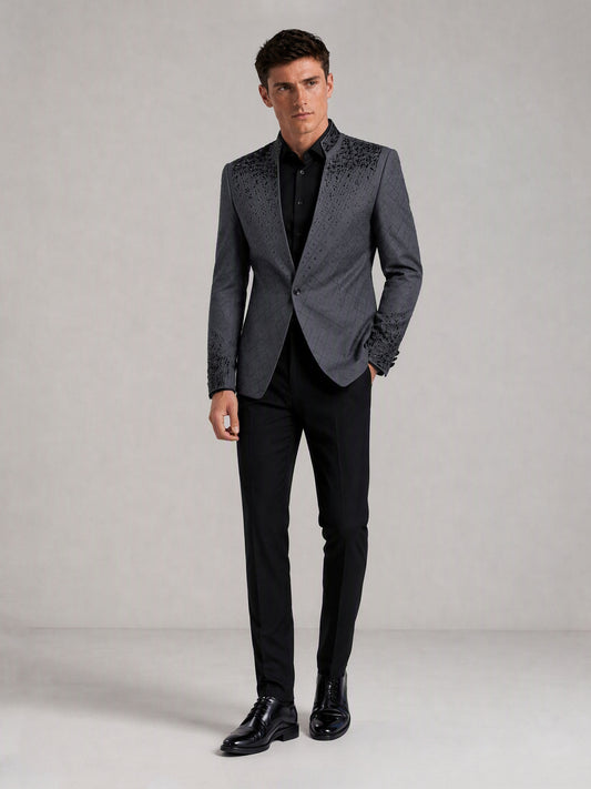 Savile charcoal plaid jacquard black crystal suit – full-length front view, hand at side showing cuff crystal detail