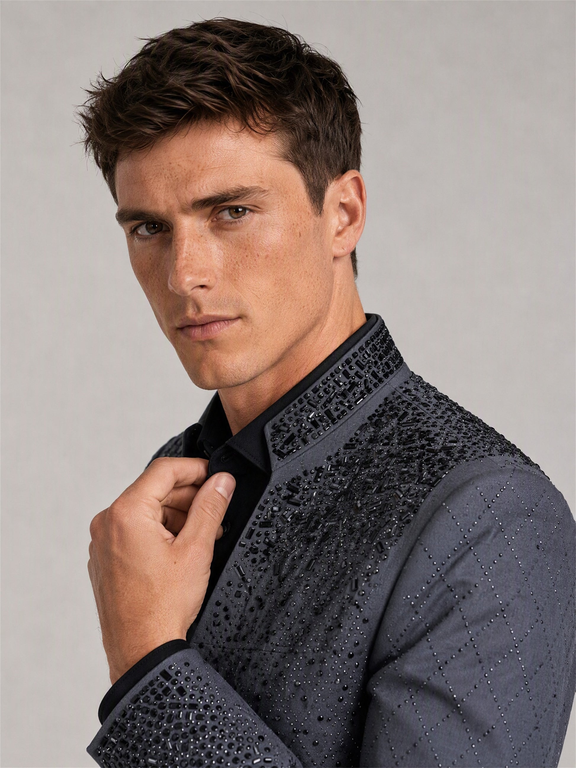 Savile charcoal plaid jacquard black crystal suit – back view showing black crystal gradient across upper back and shoulders
