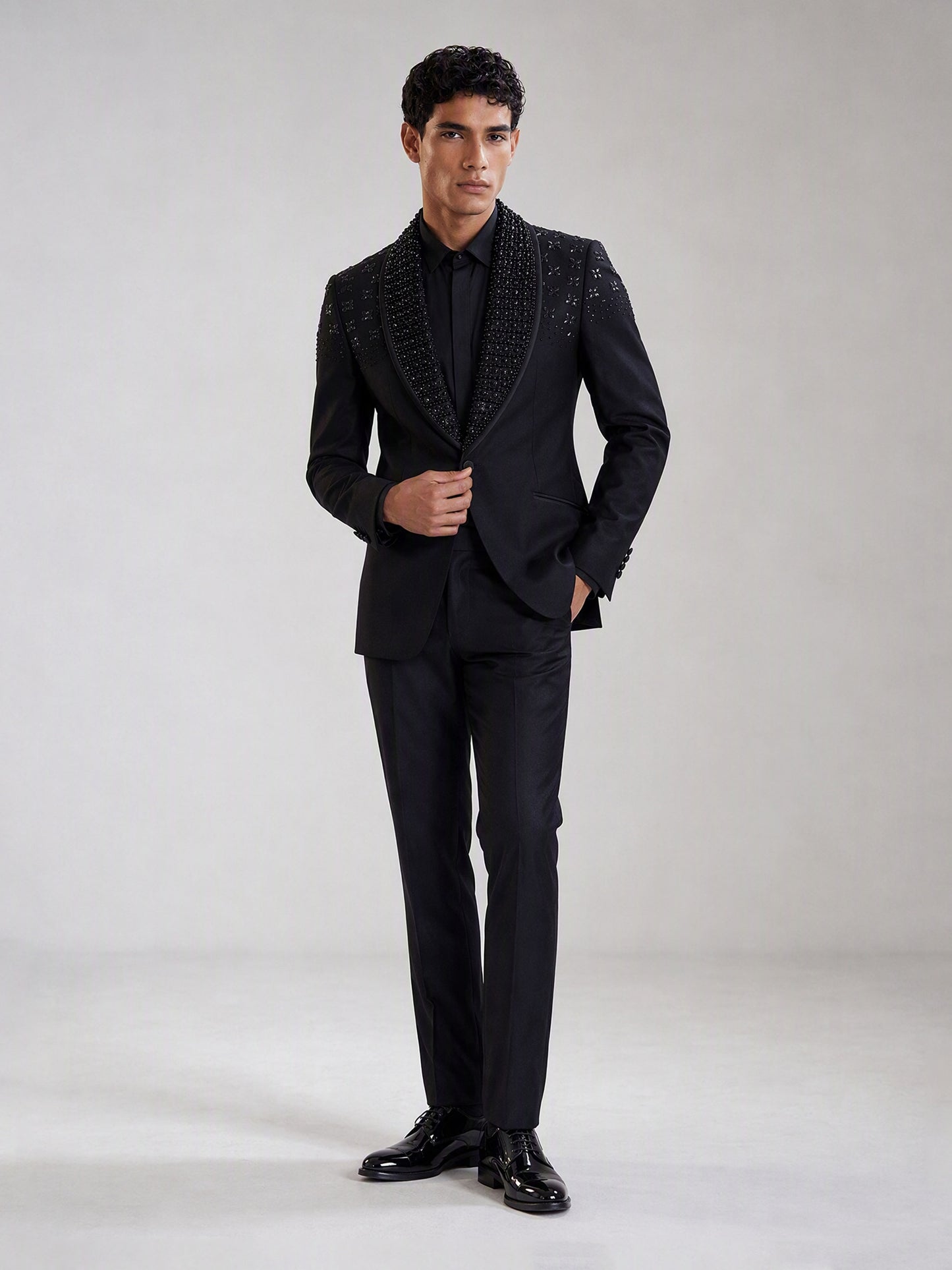 Savile black crystal shawl collar suit – full-length front view, standing straight showing full tuxedo silhouette