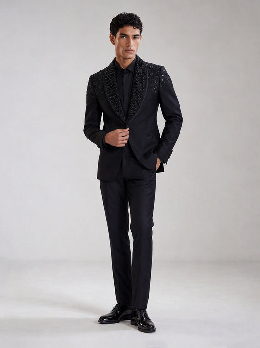 Savile black crystal shawl collar suit – full-length front view, standing straight showing full tuxedo silhouette