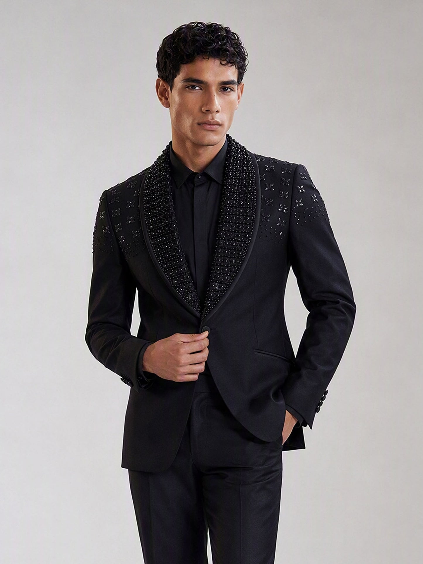 Savile black crystal shawl collar suit – back view showing crystal embellishment across upper back and shoulders