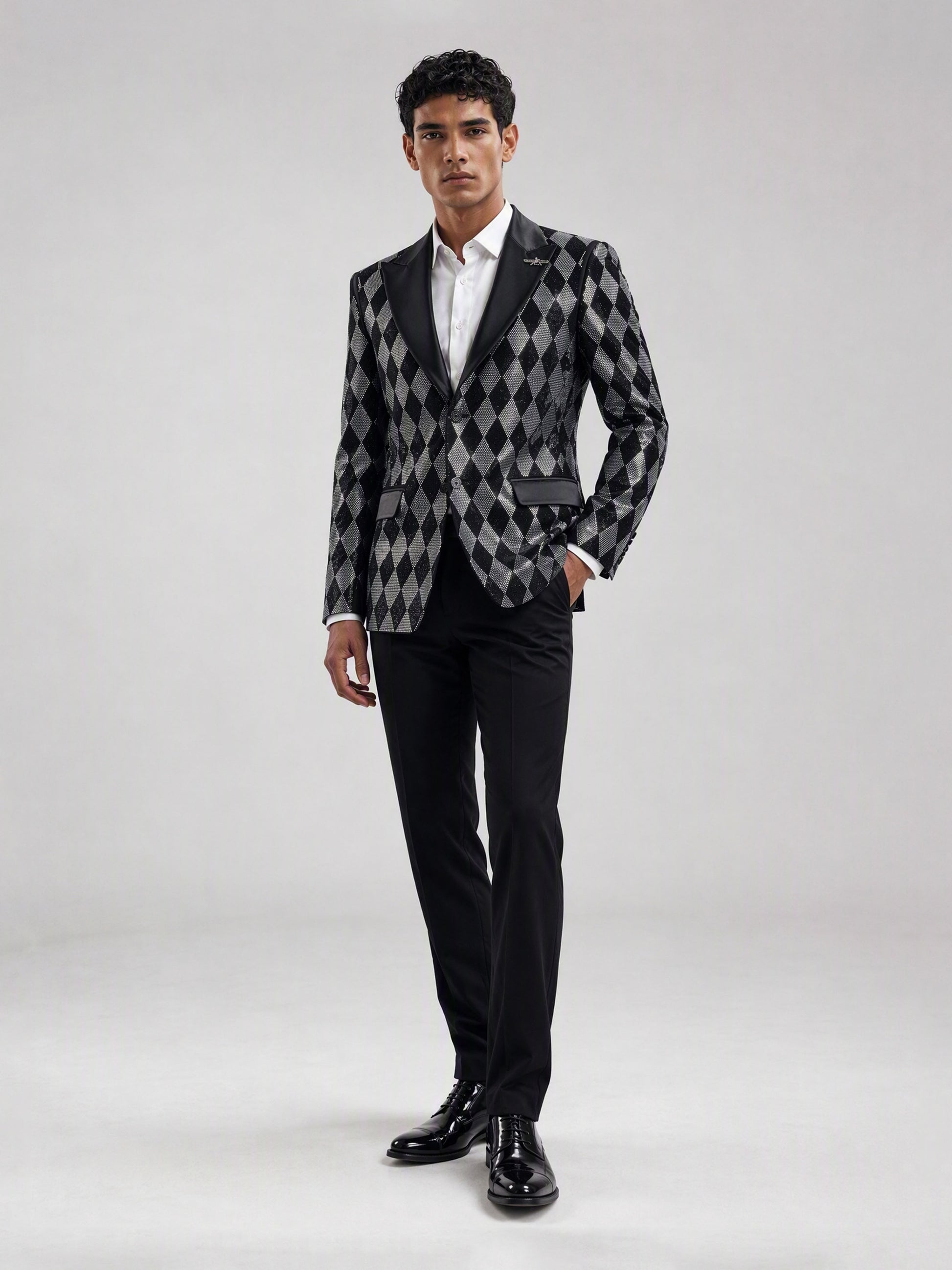 Savile black silver argyle crystal blazer – full-length front view, close-up showing silver rhinestone diamond pattern and satin peak lapels