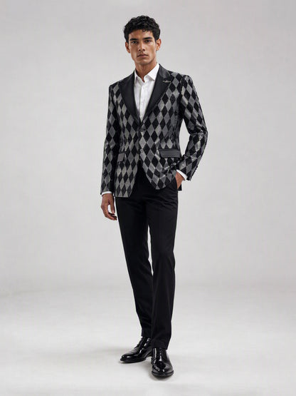 Savile black silver argyle crystal blazer – full-length front view, close-up showing silver rhinestone diamond pattern and satin peak lapels