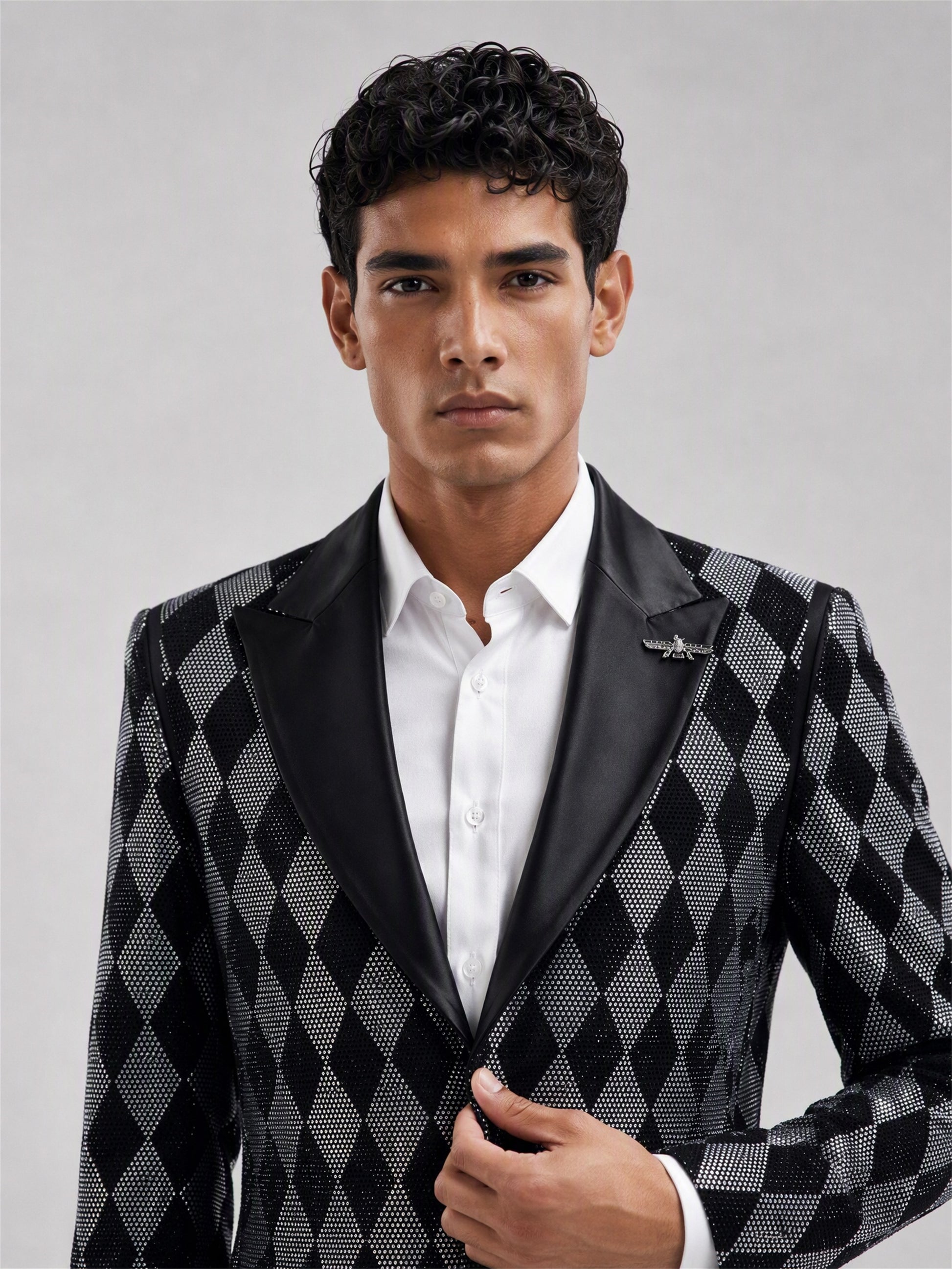 Savile black silver argyle crystal blazer – full-length front view, standing straight showing complete argyle pattern
