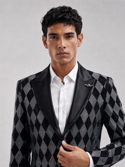 Savile black silver argyle crystal blazer – full-length front view, standing straight showing complete argyle pattern