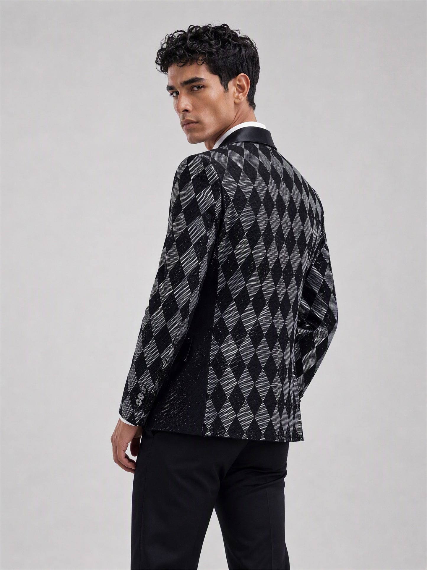 Savile black silver argyle crystal blazer – full-length side profile view showing silhouette and pattern depth