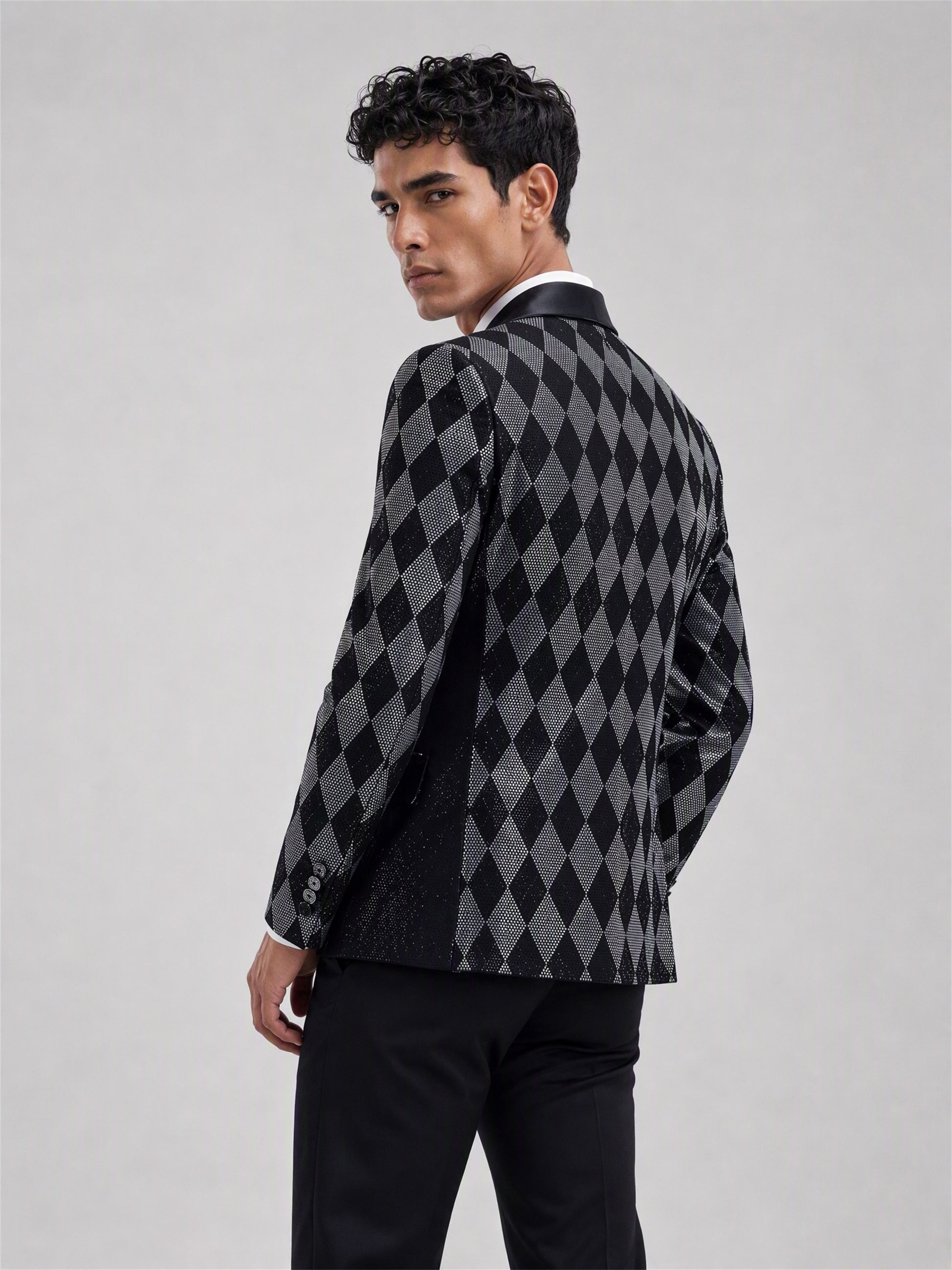 Savile black silver argyle crystal blazer – full-length side profile view showing silhouette and pattern depth