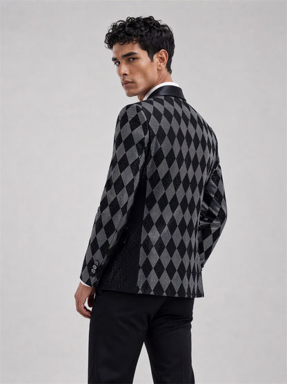 Savile black silver argyle crystal blazer – full-length side profile view showing silhouette and pattern depth