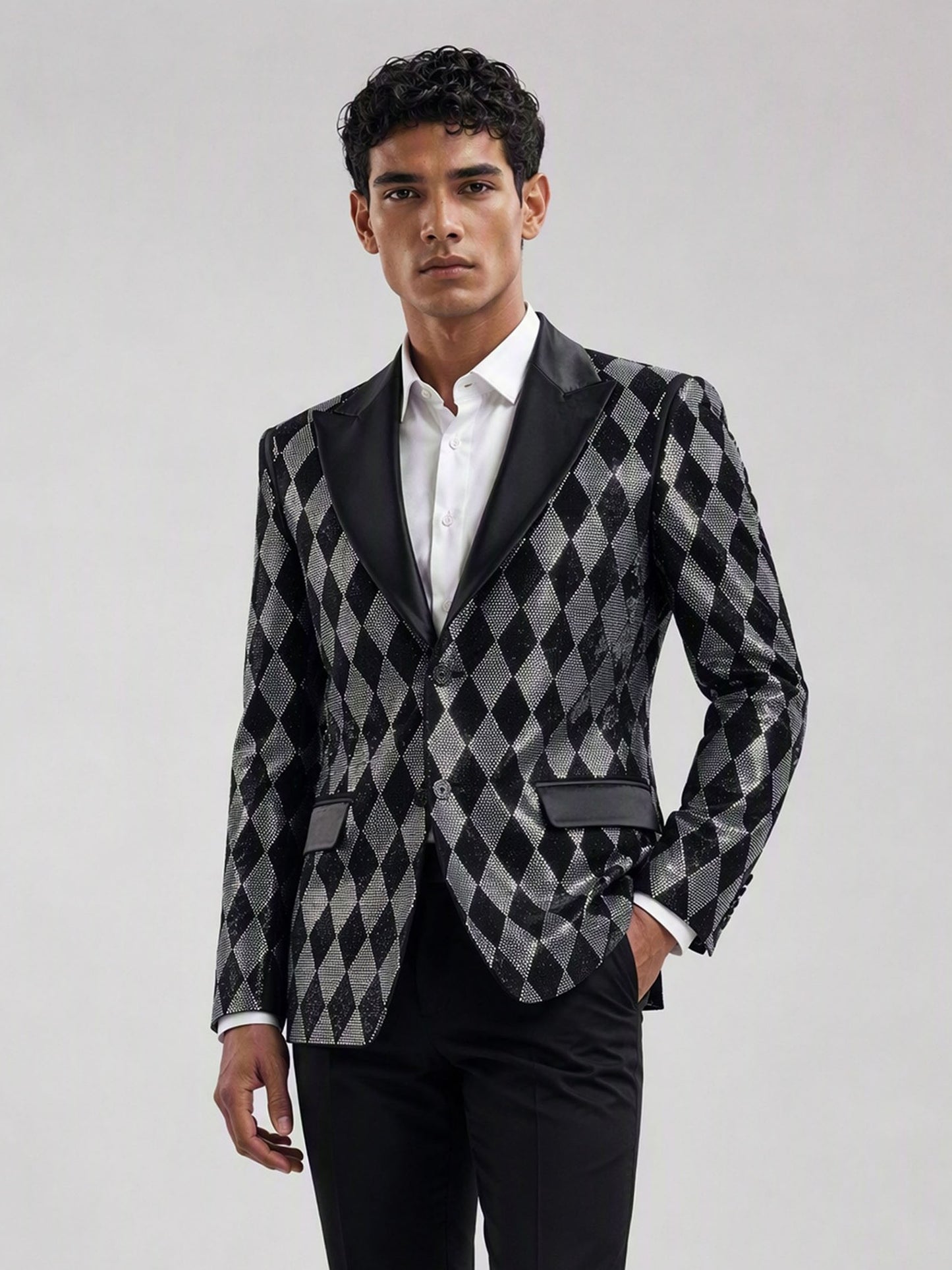 Savile black silver argyle crystal blazer – back view showing full argyle rhinestone pattern and satin sleeve trim
