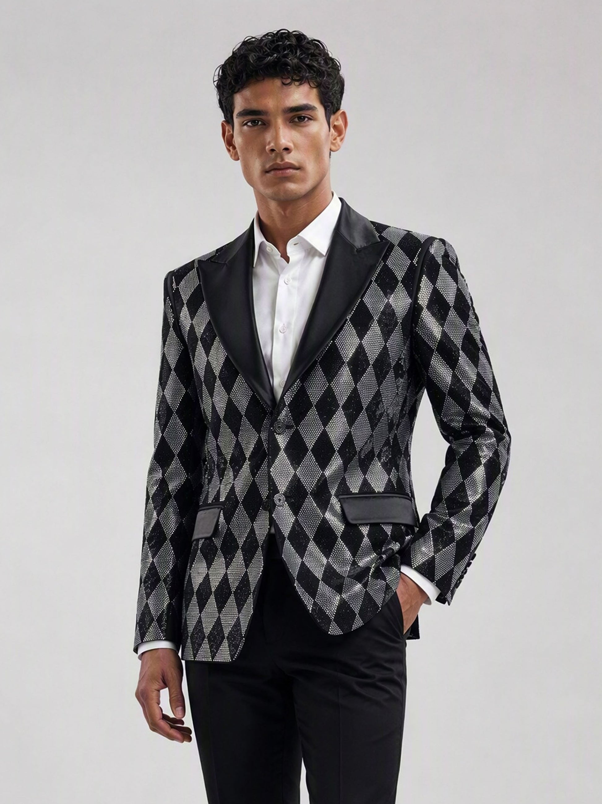 Savile black silver argyle crystal blazer – back view showing full argyle rhinestone pattern and satin sleeve trim