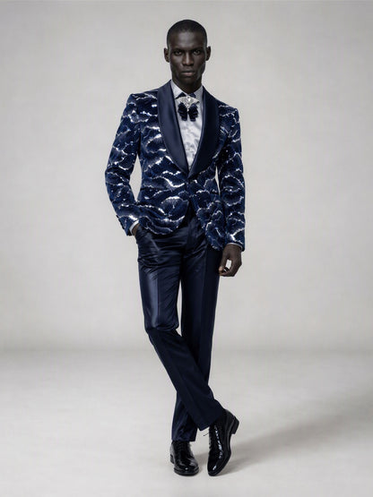 Savile navy blue velvet sequin suit – full-length front view, hands in pockets showing complete cloud sequin pattern