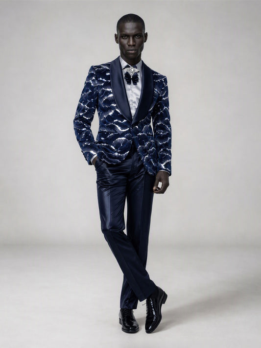 Savile navy blue velvet sequin suit – full-length front view, hands in pockets showing complete cloud sequin pattern