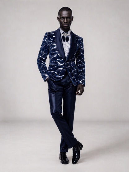 Savile navy blue velvet sequin suit – full-length front view, standing straight showing tuxedo silhouette and navy satin trousers