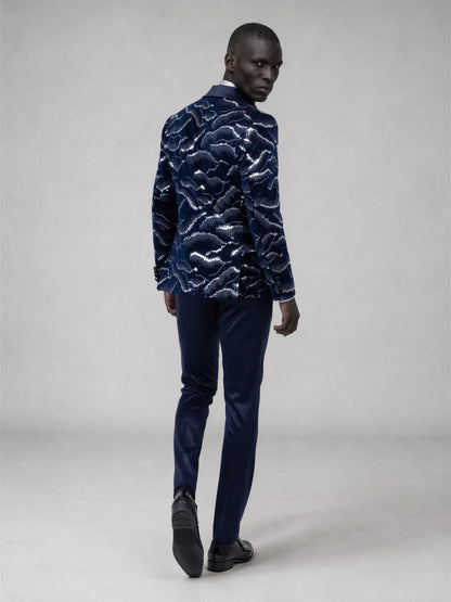 Savile navy blue velvet sequin suit – back view showing all-over silver cloud sequin pattern and satin sleeve trim