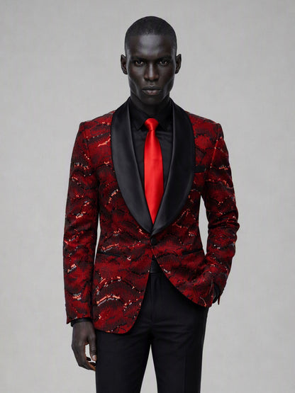 Savile red velvet sequin suit – close-up upper body, red cloud sequin embroidery and black satin shawl lapel with red tie detail