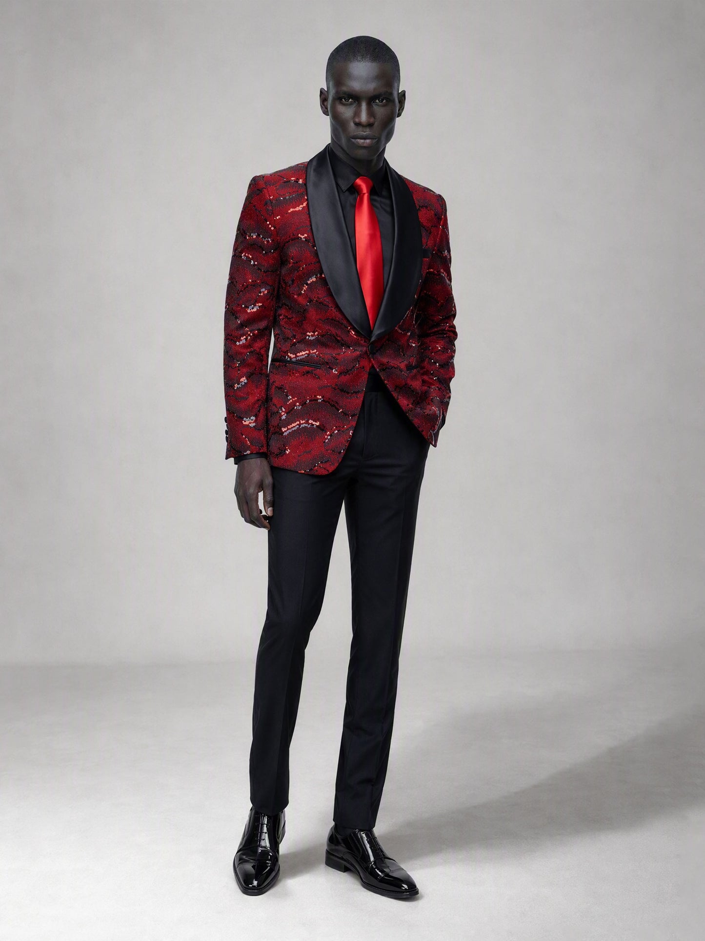 Savile red velvet sequin suit – full-length back and side view showing all-over sequin pattern and silhouette