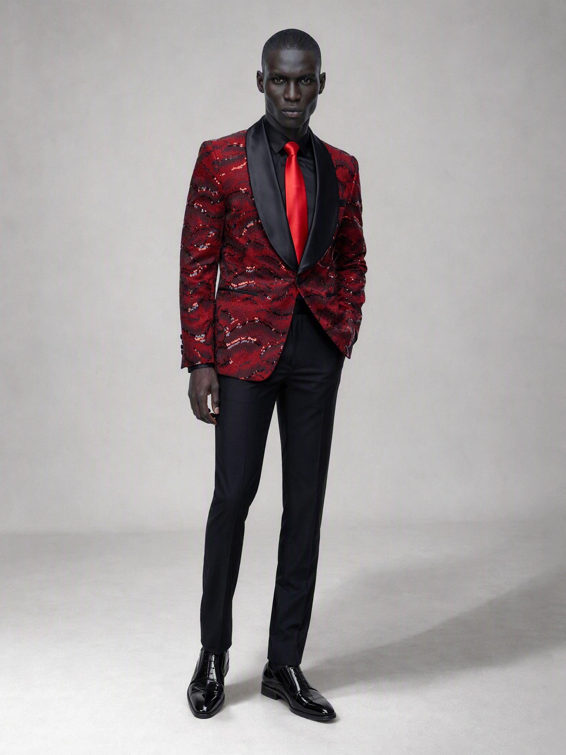 Savile red velvet sequin suit – full-length back and side view showing all-over sequin pattern and silhouette
