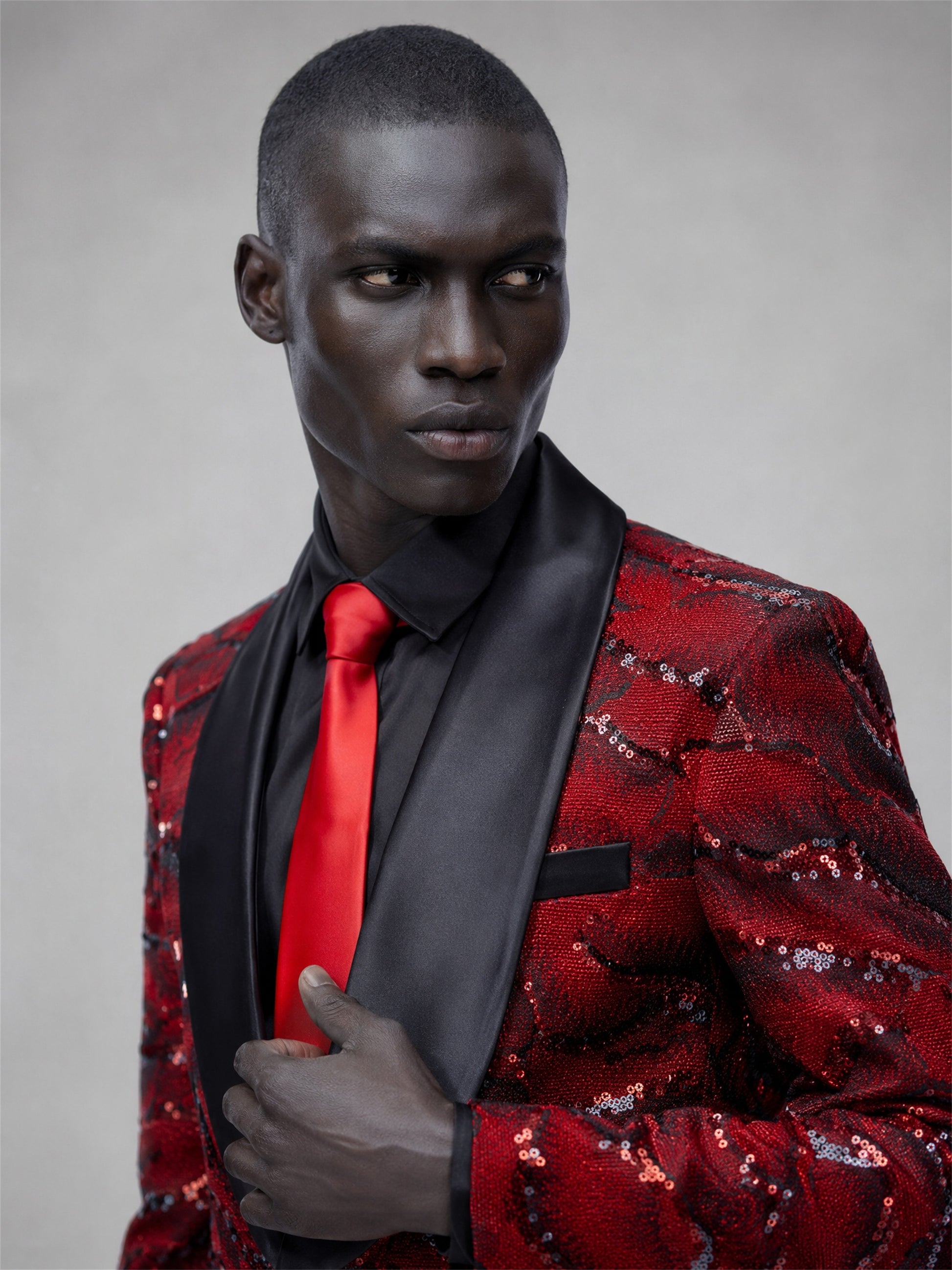 Savile red velvet sequin suit – full-length front view, arms at sides showing complete tuxedo silhouette
