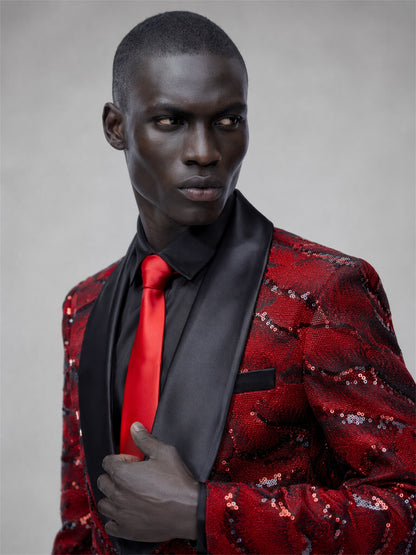 Savile red velvet sequin suit – full-length front view, arms at sides showing complete tuxedo silhouette
