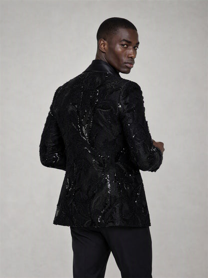 Savile black sequin floral suit – back view showing all-over floral sequin embroidery pattern and center vent