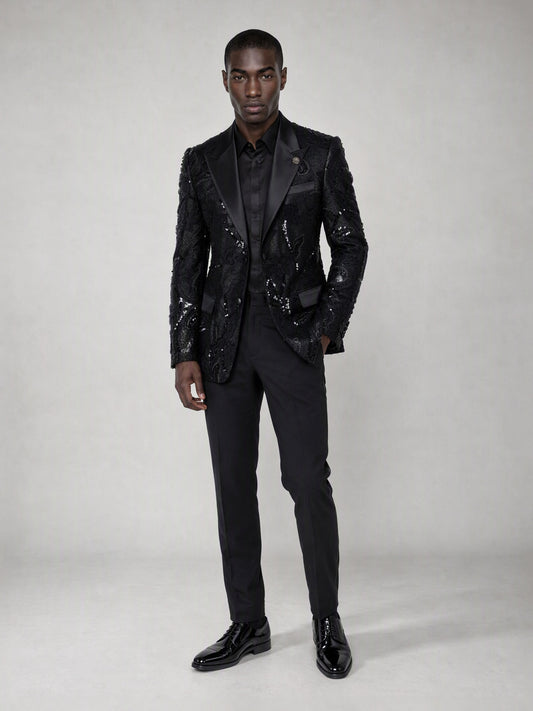 Savile black sequin floral suit – full-length front view, standing straight showing complete floral sequin pattern and black trousers