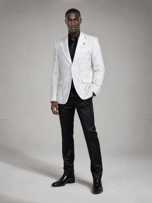 Savile white sequin floral suit – back view showing all-over floral sequin embroidery pattern and center vent