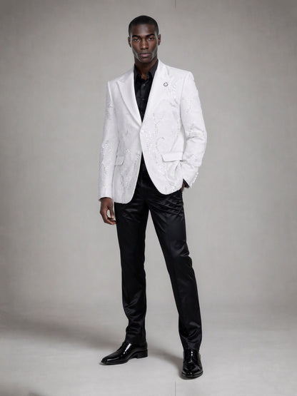 Savile white sequin floral suit – full-length front view, hand in pocket showing white-on-black contrast silhouette
