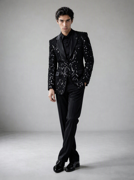 Savile black Art Deco sequin suit – back view showing all-over geometric sequin pattern and center vent