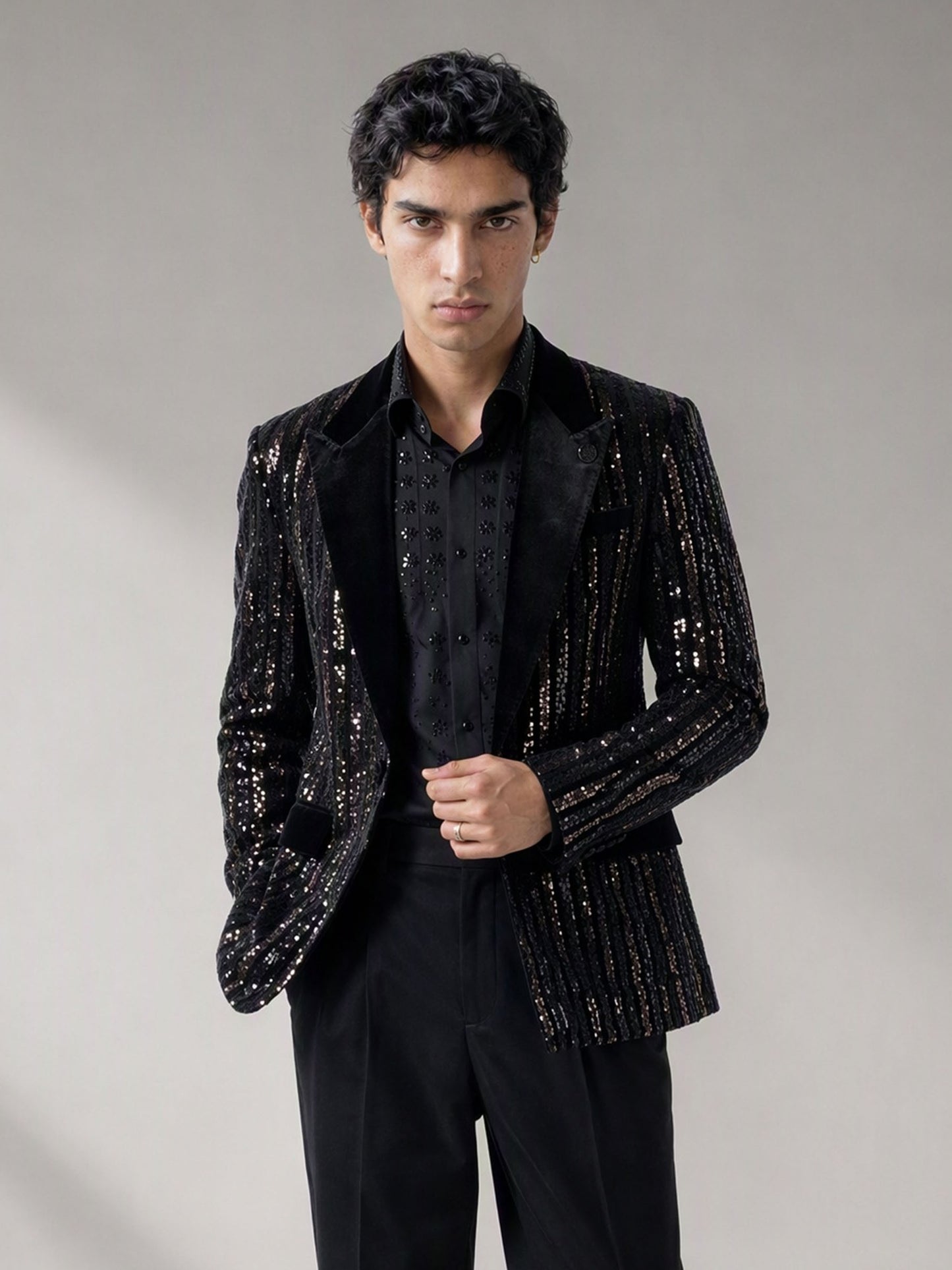 Savile black velvet sequin stripe suit – full-length front view, standing straight showing complete sequin stripe pattern and black trousers