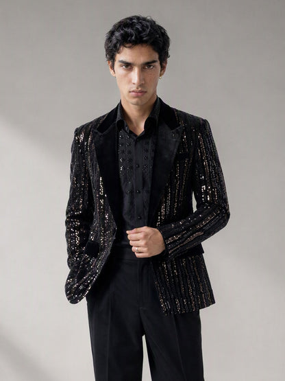 Savile black velvet sequin stripe suit – full-length front view, standing straight showing complete sequin stripe pattern and black trousers