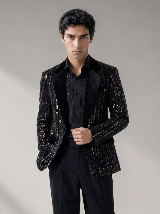 Savile black velvet sequin stripe suit – full-length front view, standing straight showing complete sequin stripe pattern and black trousers