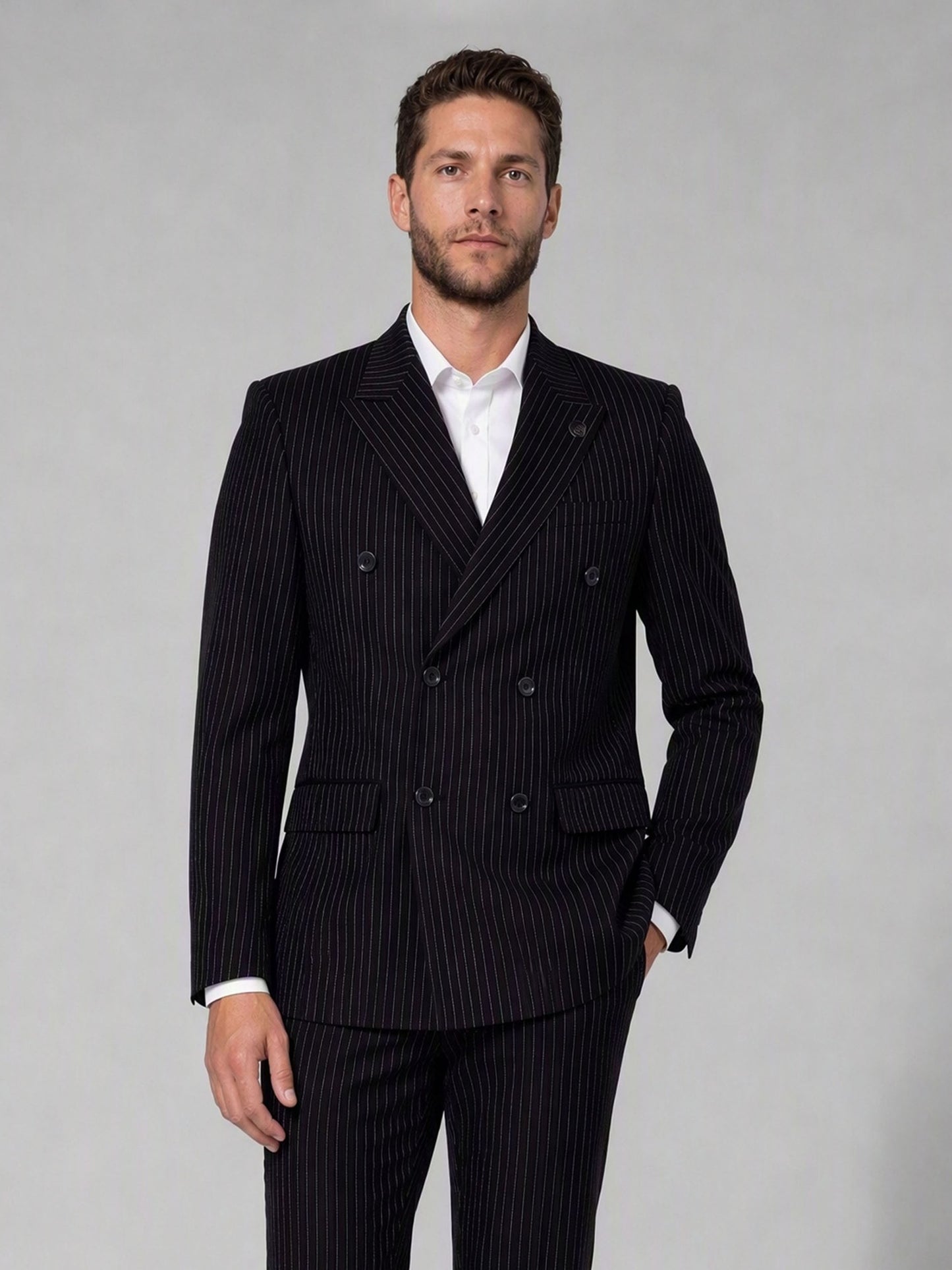 Savile black velvet chalk stripe double-breasted suit – full-length front view, standing straight showing wide peak lapels and 6-button closure