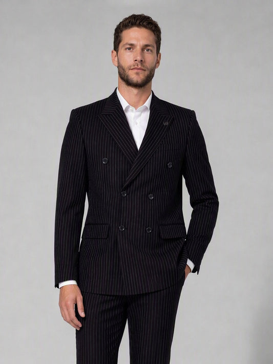 Savile black velvet chalk stripe double-breasted suit – full-length front view, standing straight showing wide peak lapels and 6-button closure