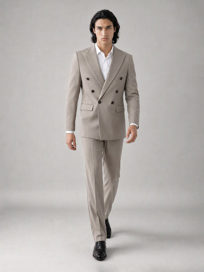 Savile Men's Sand Beige Double-Breasted Slim Fit 2-Piece Suit | Peak Lapel Blazer & Trousers
