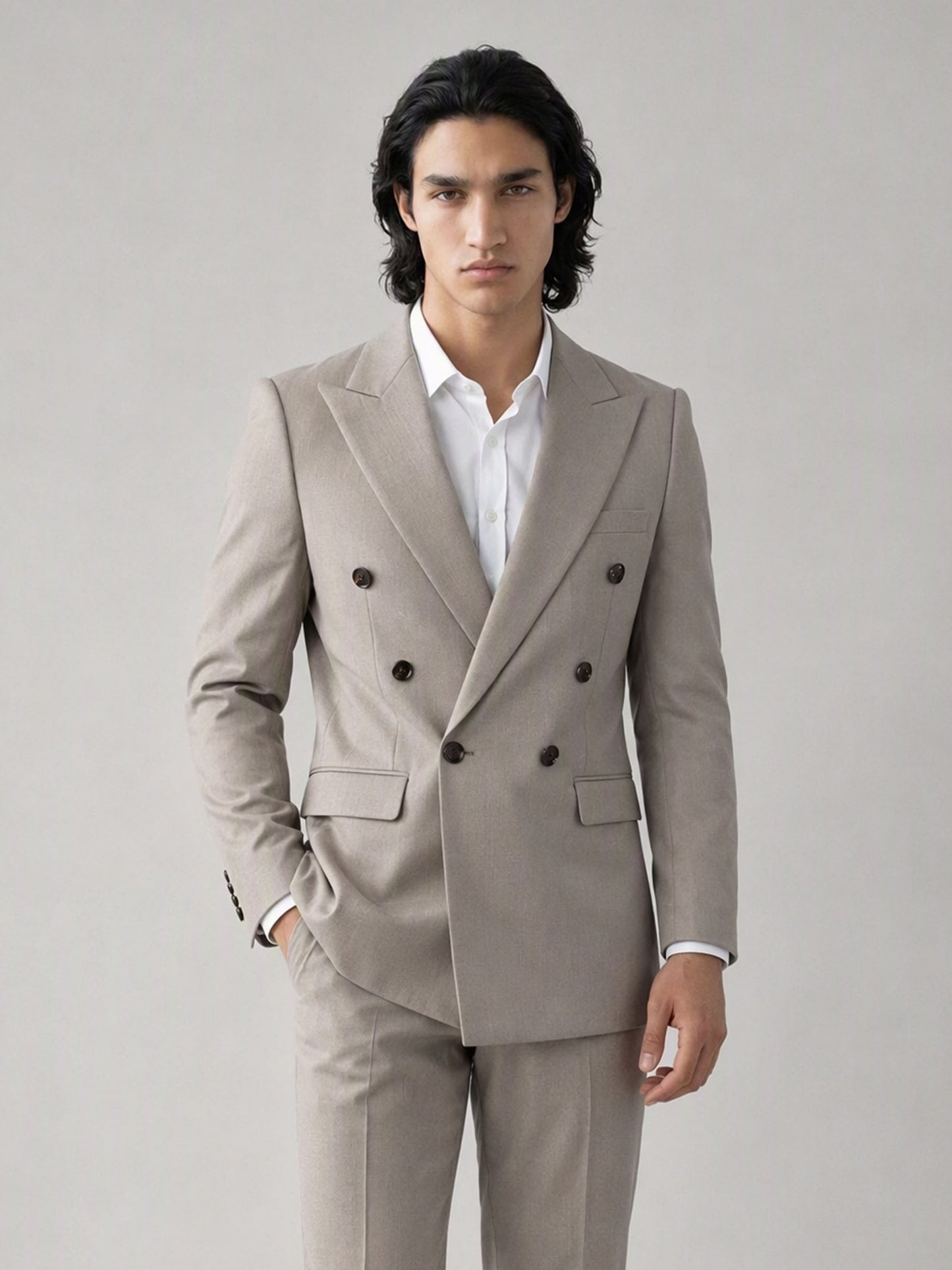 Savile Men's Sand Beige Double-Breasted Slim Fit 3-Piece Suit | Peak Lapel Blazer, Shirt & Trousers