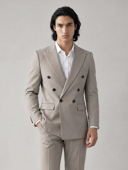 Savile Men's Sand Beige Double-Breasted Slim Fit 2-Piece Suit | Peak Lapel Blazer & Trousers