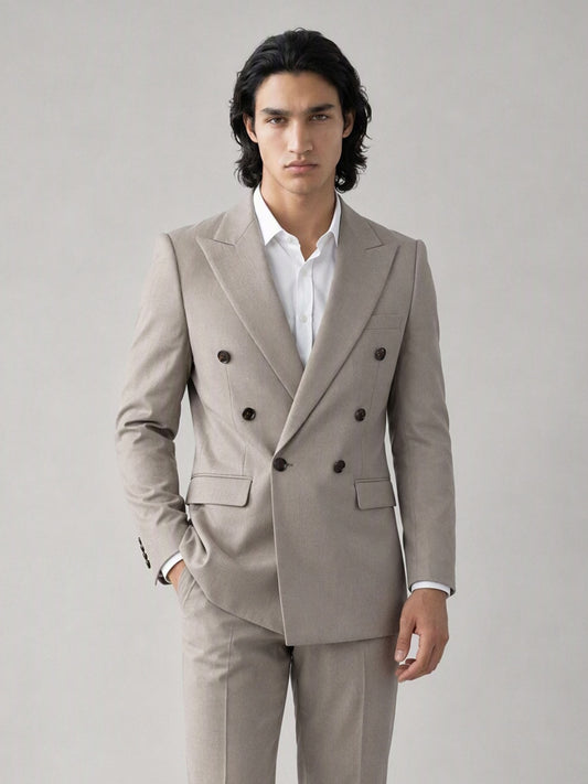 Savile Men's Sand Beige Double-Breasted Slim Fit 3-Piece Suit | Peak Lapel Blazer, Shirt & Trousers