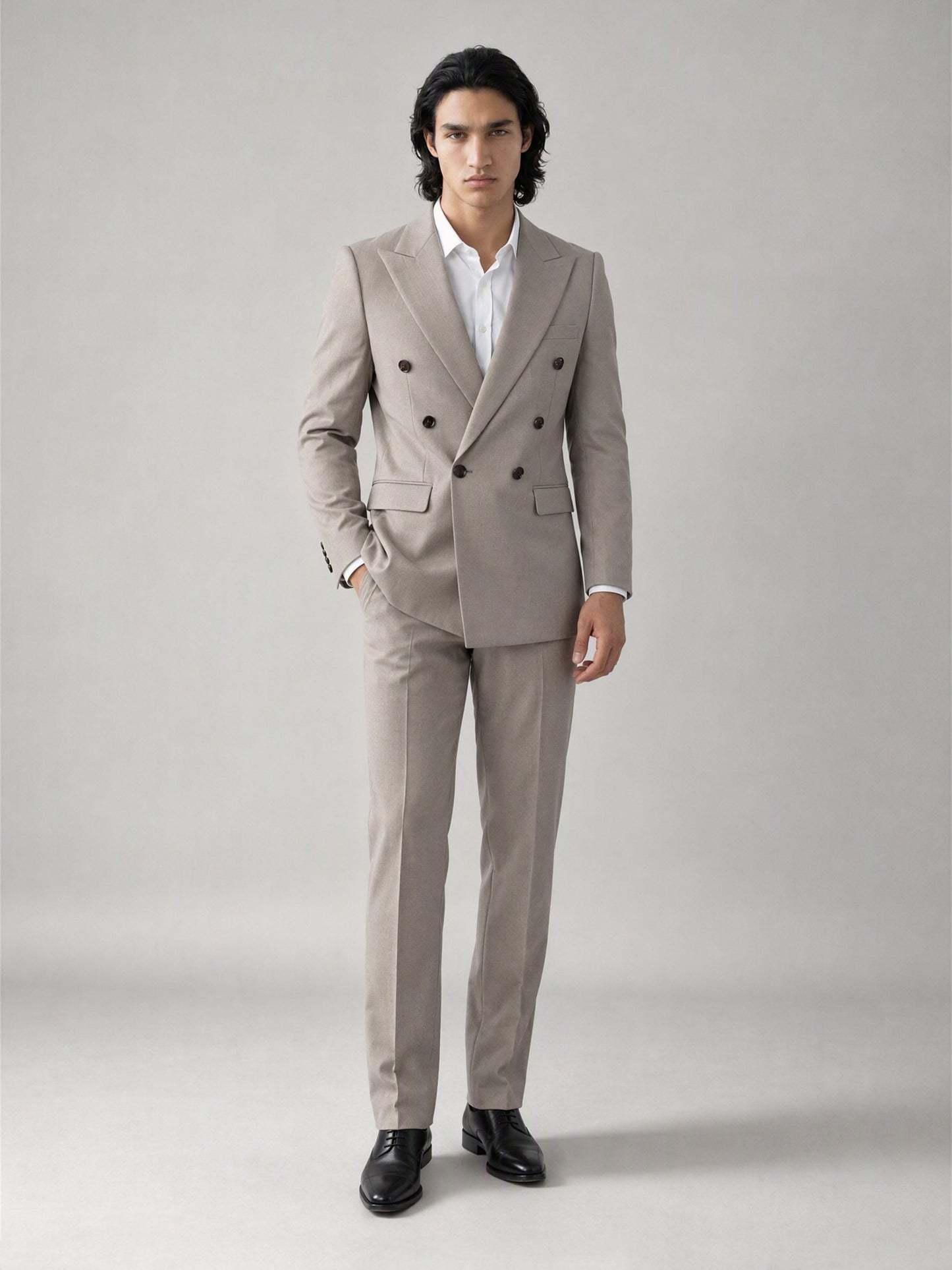 Savile Men's Sand Beige Double-Breasted Slim Fit 3-Piece Suit | Peak Lapel Blazer, Shirt & Trousers