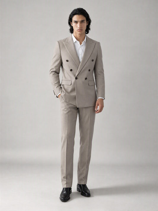Savile Men's Sand Beige Double-Breasted Slim Fit 3-Piece Suit | Peak Lapel Blazer, Shirt & Trousers