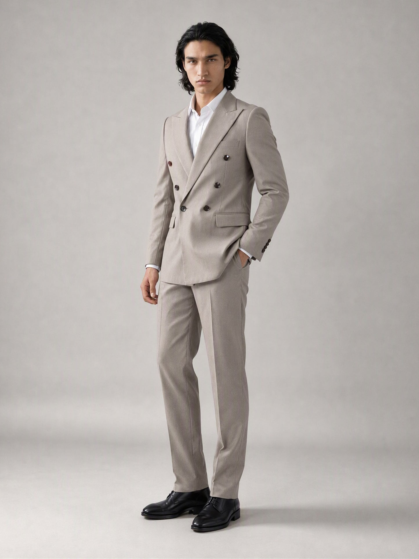 Savile Men's Sand Beige Double-Breasted Slim Fit 3-Piece Suit | Peak Lapel Blazer, Shirt & Trousers