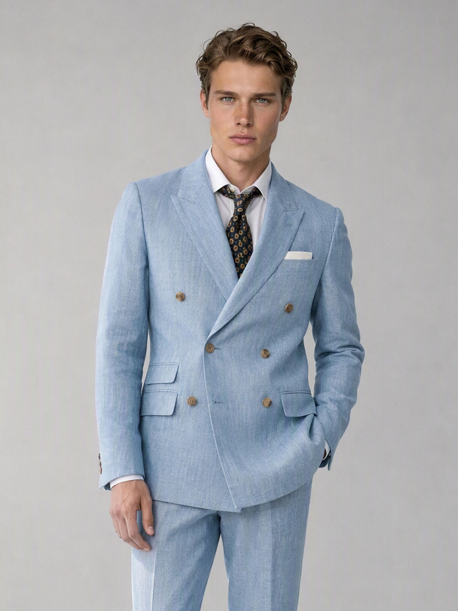 Savile sky blue linen double-breasted suit – full-length front view, hand in pocket showing complete linen slim fit silhouette and brown tassel loafers